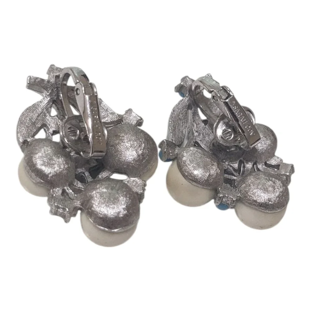 Sarah Coventry Clip On Earrings Faux Pearl Blue Bead‎ Vintage Costume Jewelry